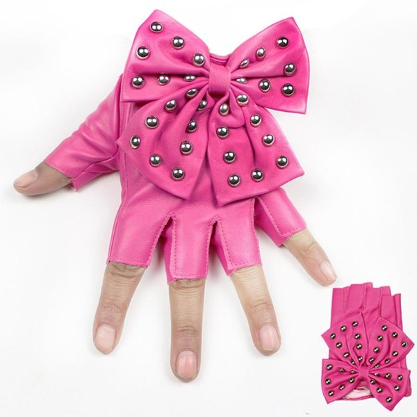 Sports Gloves Half Finger Dancing Women Ladys Girls Pink PU Leather Bow Knot Rivet Punk Rock Lolita Gothic Cosplay Party Club Costume