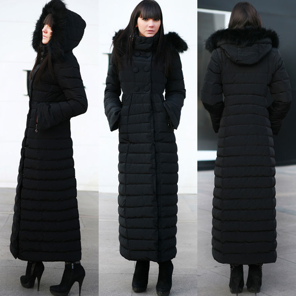 High Quality Winter Super Warm Sheath Women Down Double-Breasted Detachable Hat Pockest Long Sleeve Ankle-Length Ladies Parkas 3 Colors