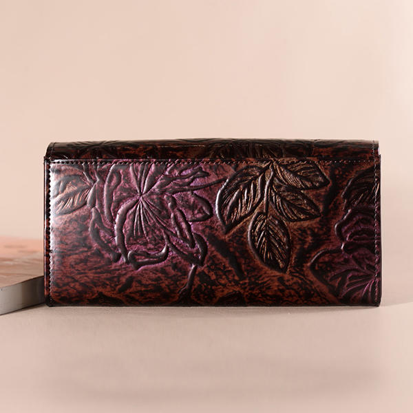 Brenice National Floral Genuine Leather Women Long Wallet