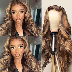 Highlight Body Wave Ombre P4/27 Wigs 13x4 T Part Lace Front Wigs Human Hair Transparent Curly Weave Lace Frontal Wig Wavy Colored Lace Front Wigs for Black Women Honey Blonde Lightinthebox