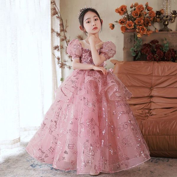 Pink Flower Girls' Dresses For Wedding 2023 sequined Lace Applique Ruffles Kids Formal Wear cap Sleeve Long Beach Girl's Pageant Gowns