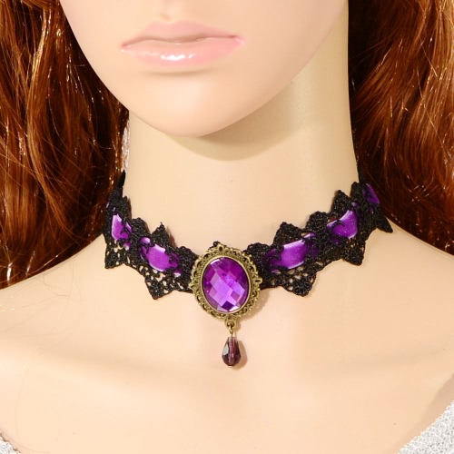 Retro encaje gótico Collar collar con piedra de cristal y colgante extendida cadena de accesorios de Fashional