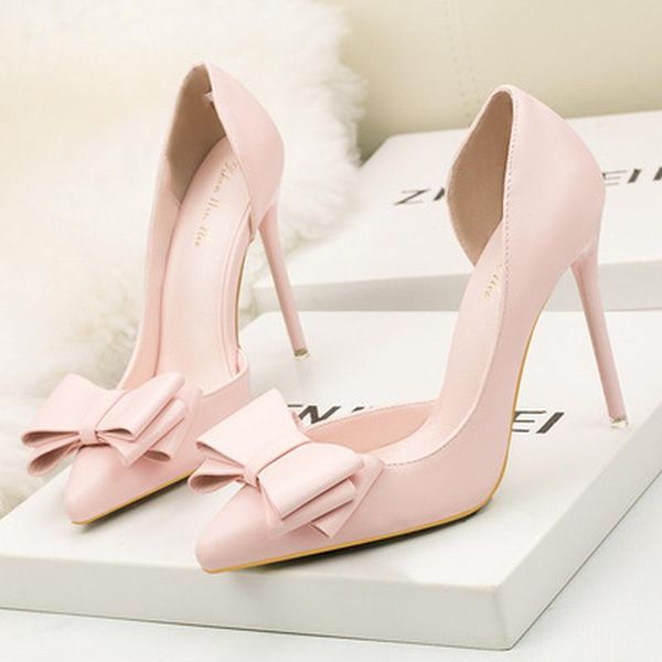 Dress Shoes 2021 Fashion Delicate Sweet Bowknot High Heel Side Hollow Pointed Women Pumps Toe 10.5CM Thin
