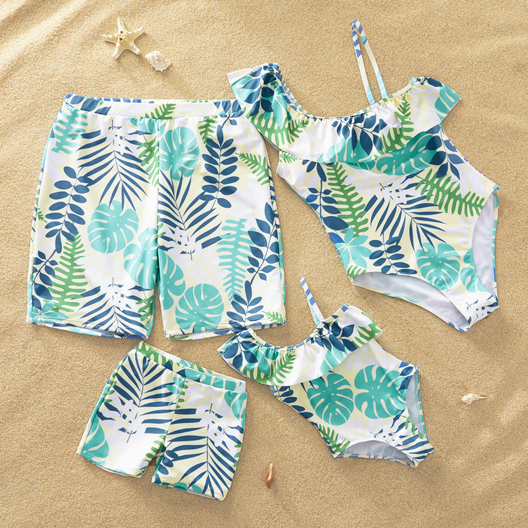Ruffled Green Leaves Print Family Swimsuits