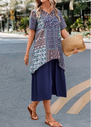 Fake 2in1 Tribal Print Navy H Shape Dress