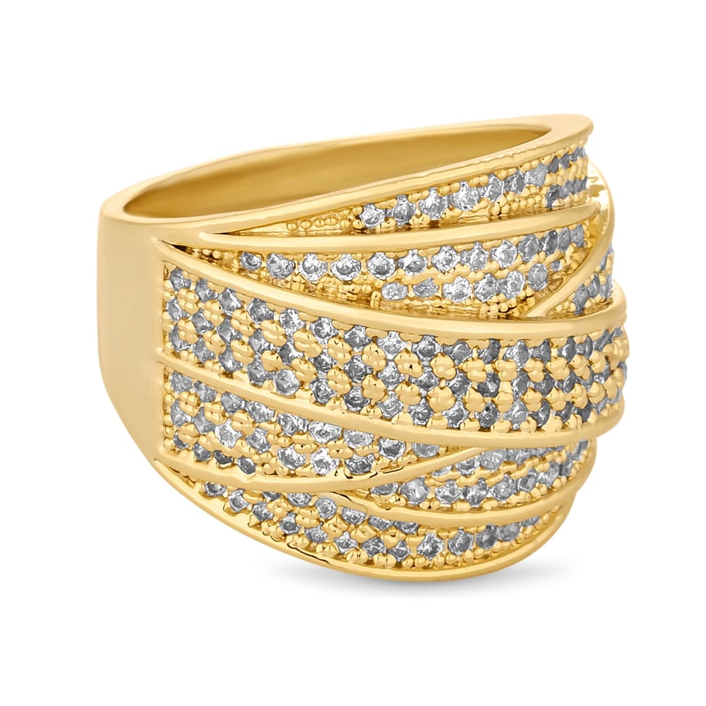 Gold crystal cross over ring