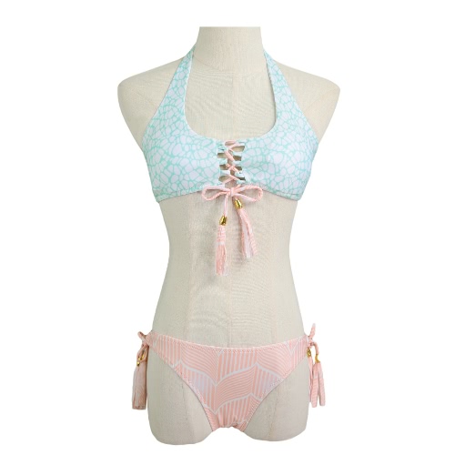 Sexy Women Bikini Set Fringed Tassels Lace-Up Bandage Swimwear Printed Beach Swimsuit Bathing Suit Pink