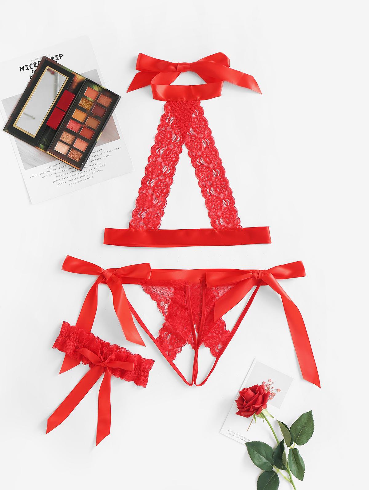 Lace Crotchless Ties Thigh Ring Lingerie Set S Red
