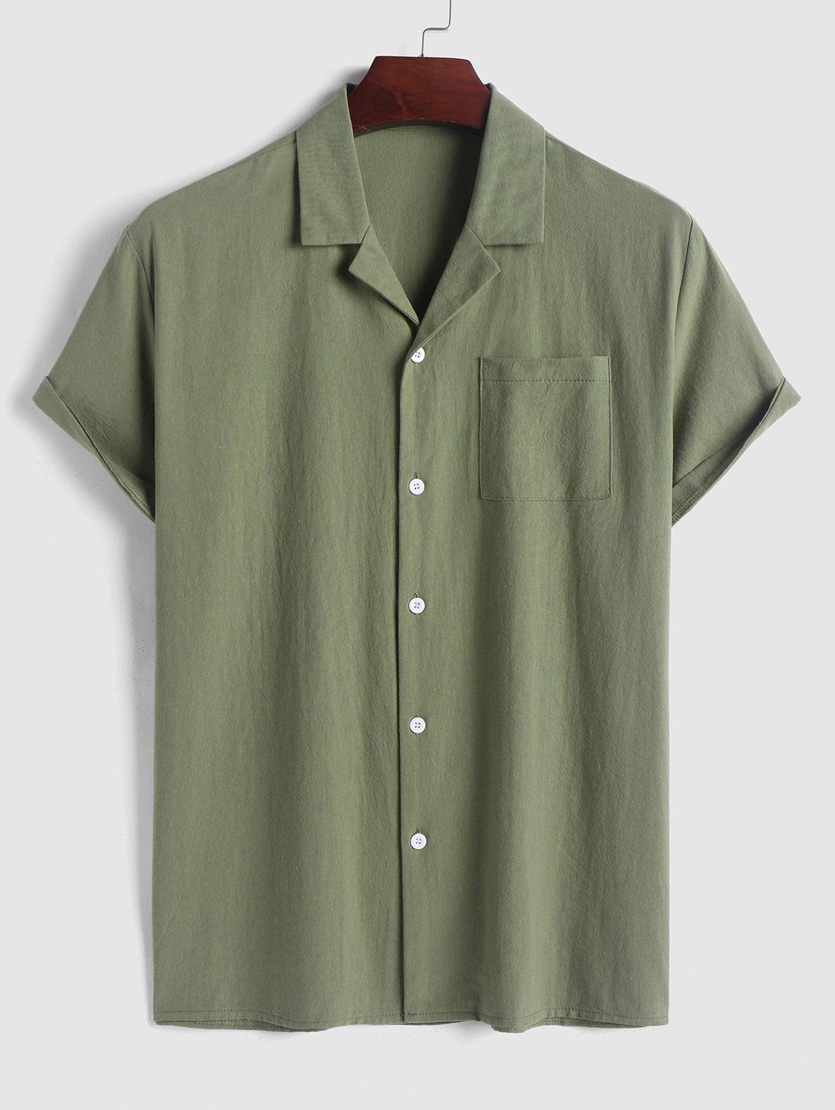 ZAFUL Men's ZAFUL Solid Color Cotton and Linen Textured Front Pocket Design Shirt L Light green