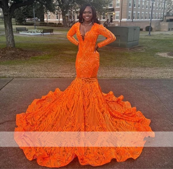 Luxury Orange Mermaid Prom Dresses 2022 For Black Girls Long Sleeves Bling Sequins Birthday Party Gown Evening Dress Robe De Bal