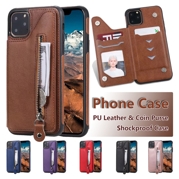 Shockproof Phone Cases for iPhone 12 Mini 11 Pro X XR XS Max 7 Plus Samsung Galaxy Note20 Ultra Daul Buckle Zipper Coin Purse PU Leather Protective Case