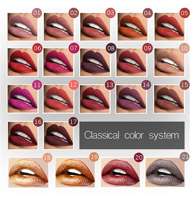 21 Colors Brand Moisturizer Matte Liquid Lip Gloss Lipstick Nude Matte Lipstick Lips Waterproof Metal Color Makeup Lip Gloss 1230004