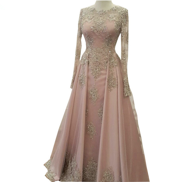 2019 Modest Long Sleeve Blush Pink Prom Dresses Wear Lace Appliques Crystal Abiye Dubai Evening Gowns Caftan Muslim Party Dress QC1119