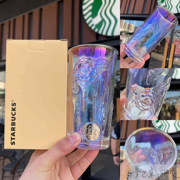Starbucks new cup magic bee 430ml embossed camellia flower glass desktop coffee cup