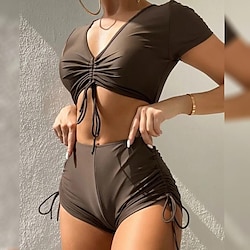 Women's Swimwear Bikini 2 Piece Normal Swimsuit 2 Piece Plain Brown Crop Top Bathing Suits Sports Summer miniinthebox