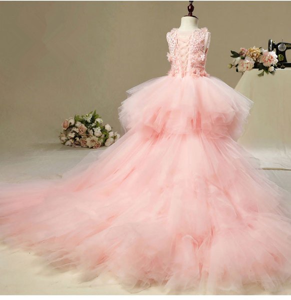Pink Flower Girl Dress for Weddings Elegant Long Trailing Appliques First Holy Communion Dress Pink Tulle Ball Gown Girls Pageant Gown 2021