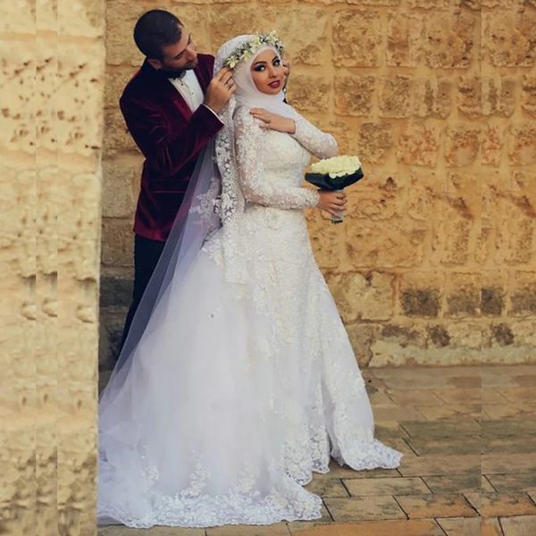 Muslim High Neck Long Sleeve Dubai Arabic Mermaid Wedding Dress Elegant Appliques Lace Saudi Bridal Gown Vestido De Noiva