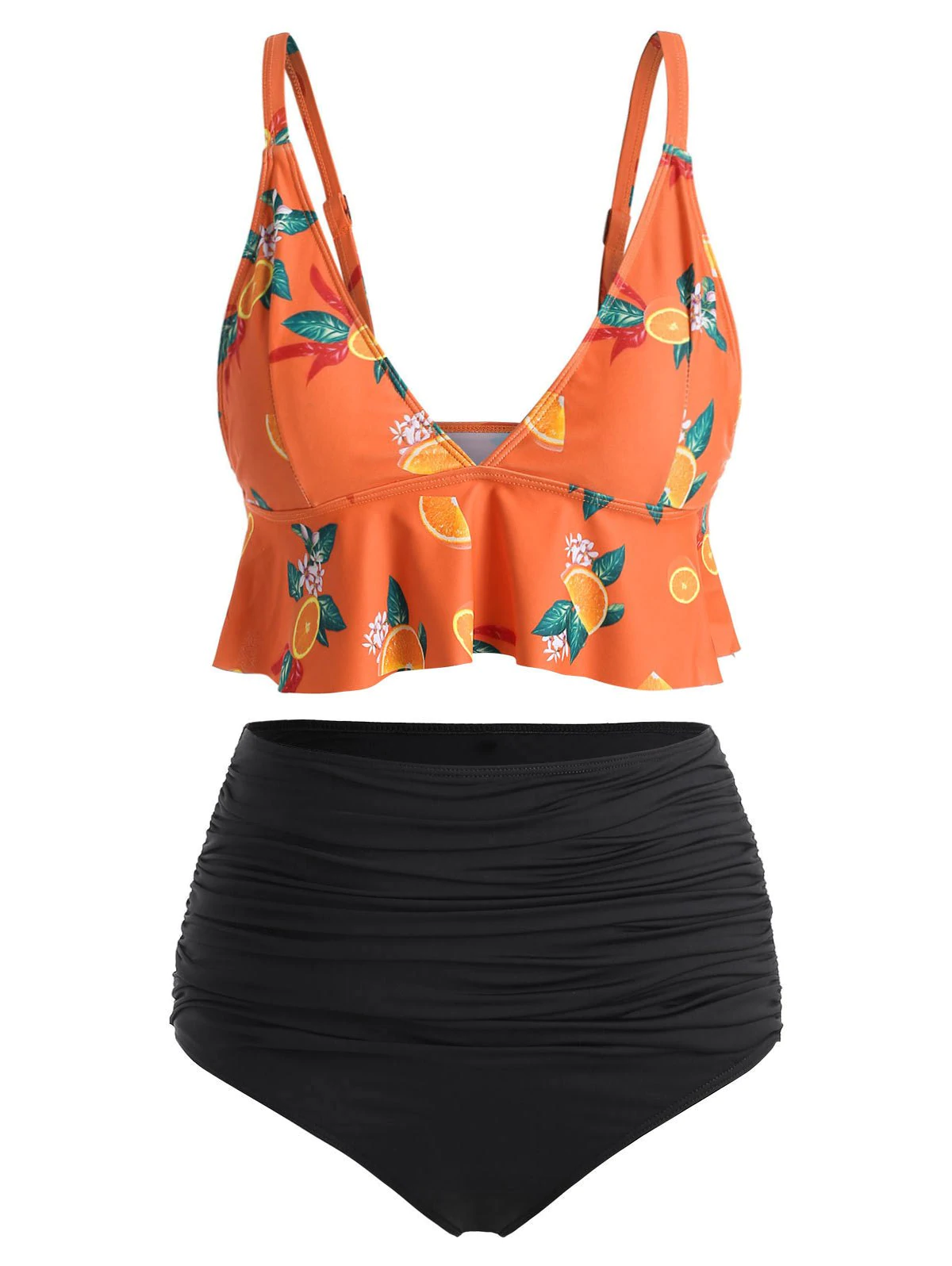 Orange Print Flounce Plus Size Bikini Set