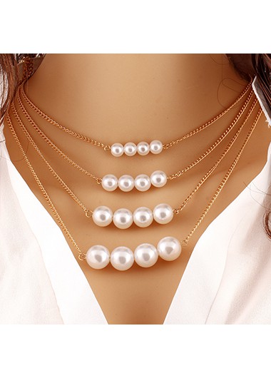 Pearl Embellished Layered Gold Metal Necklace
