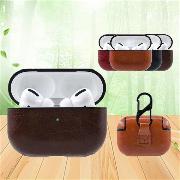 for airpods pro 3 case pu leather case protective shockproof charging portable earphone vintage cover with anti-lost hook for airpods 1 2 3
