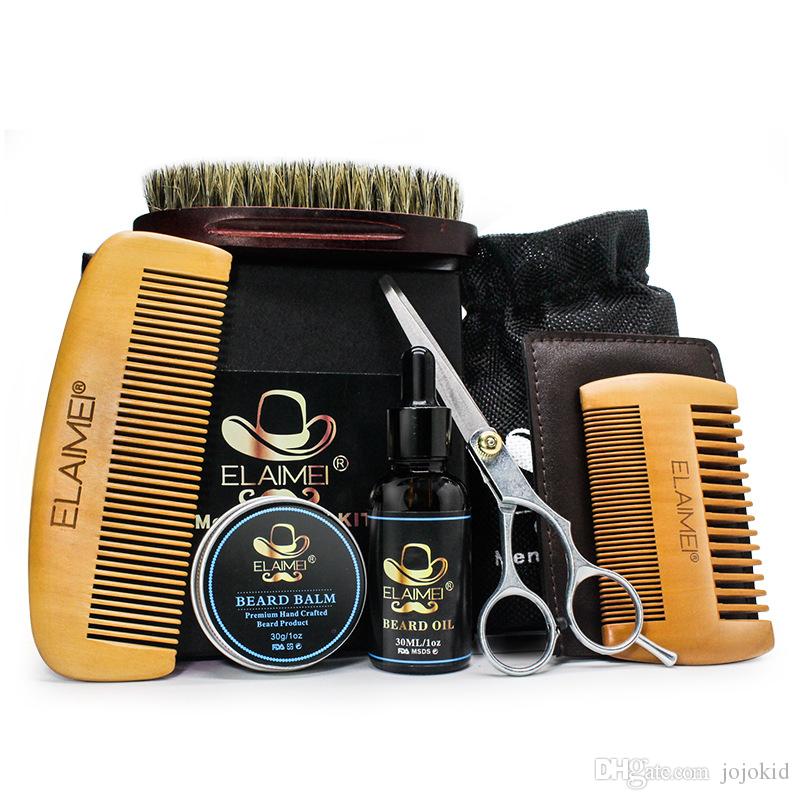 Elaimei 6pcs/set Fashion Men Beard Kit Styling Tool Beard Balm Oil Comb Moisturizing Wax Styling Scissors Care 6pcs sets B