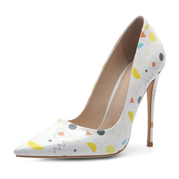 Plus Size 34-45 Women Patent Leather Pumps Mixed Color Cat Flower Print Stiletto Heel Pumps Summer Pointed Toe Shoes