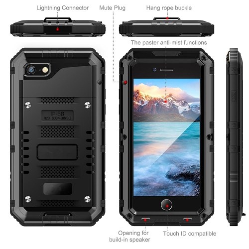For iPhone 5 5S 6 6S Plus 7 8 Plus X Protective Case IP68 Waterproof Metal Shell Bumper Shock-Absorption Anti-Scratch