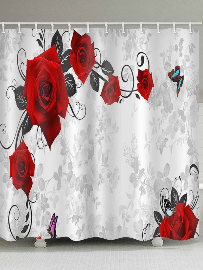 Rose Flower Vines and Butterfly Print Waterproof Bathroom Shower Curtain
