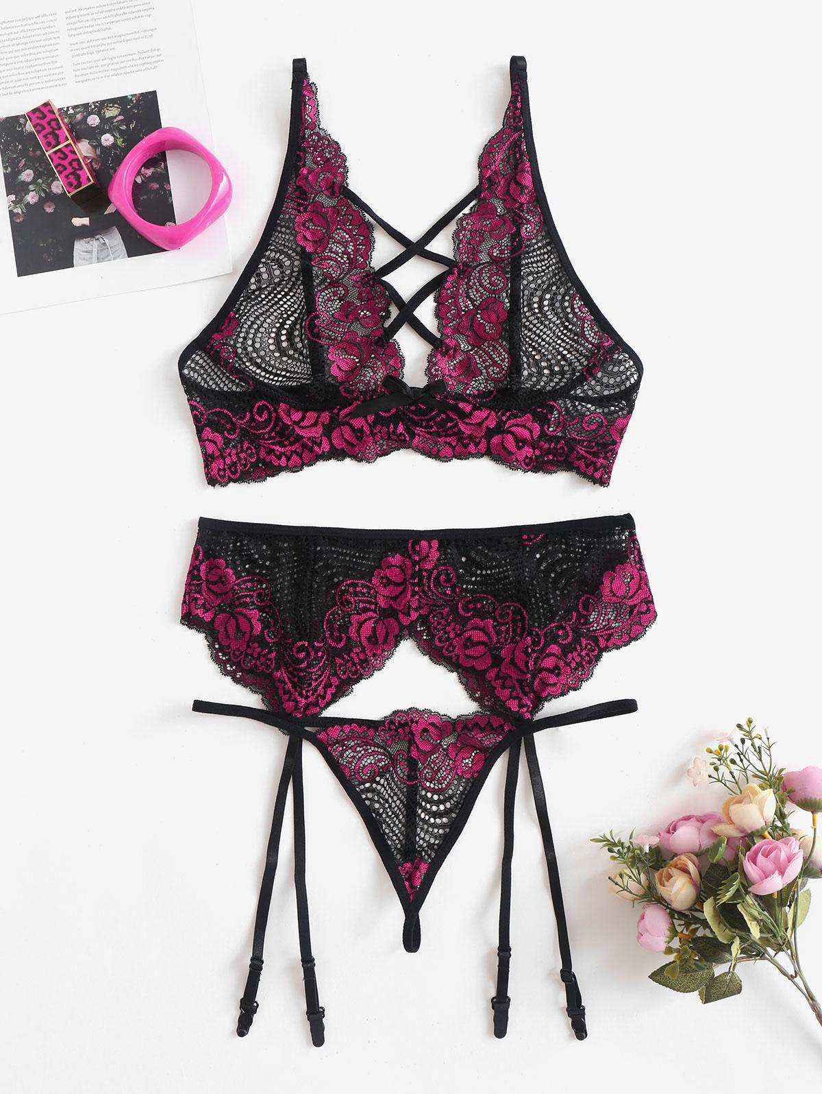 3PC Set Sexy Plunging Neck Criss Cross See Through Lace Floral Lingerie Bralette and Garter T-string Set Xl Deep red
