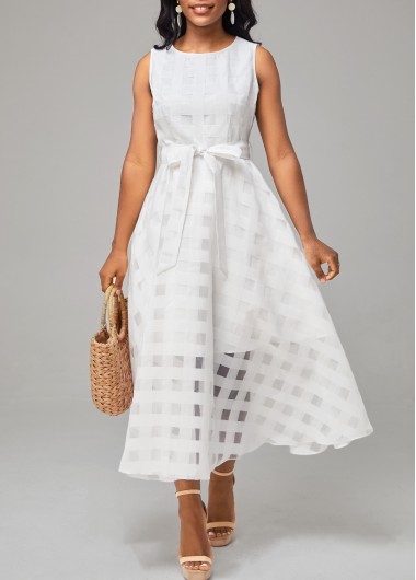 Belted Sleeveless Round Neck White Mesh Dress