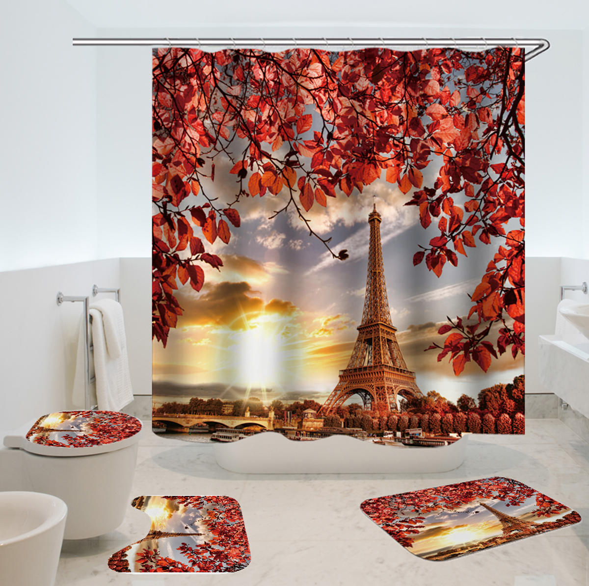 3D Tree and Eiffel Tower Dusk Printed Bathroom Waterproof Shower Curtain Anti-slip Bath Mats Carpets Pedestal Rugs Toile