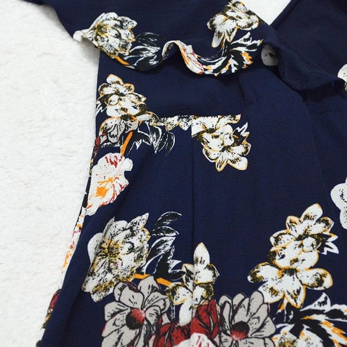 Vintage Women Maxi Summer Dress Flower Print Plunge V-neck Fold Hem Dress Dark Blue/White