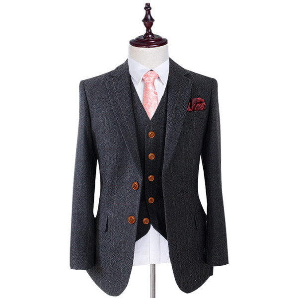 Wool Black Herringbone Tweed Man Suits Tailor Wedding Suits for men Retro gentleman style Custom made mens suit 3 Pieces (Jacket+pants+vest)