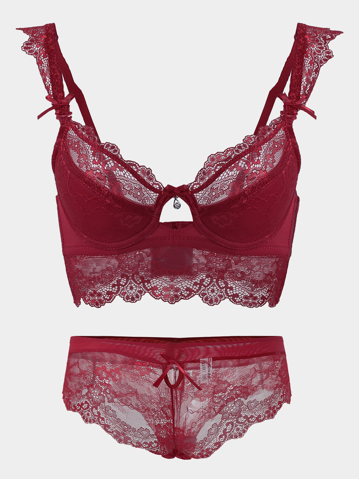 Lace Underwire Knots & Strass Details Lingerie Set in Rot