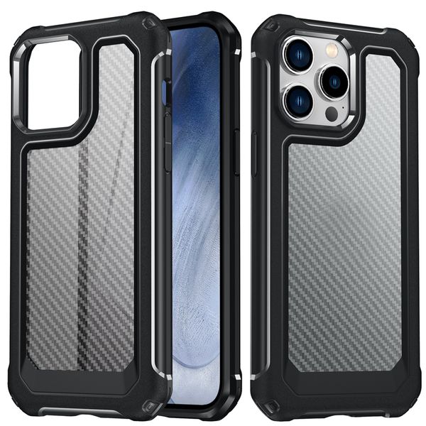 Carbon Fiber Hybrid Shockproof Cases For iPhone 14 Plus 13 Pro Max 12 X XR XS 8 7 6 Hard PC Plastic TPU Clear Business Men Hit Color Vertical Clear Mobile Phone Back Cover