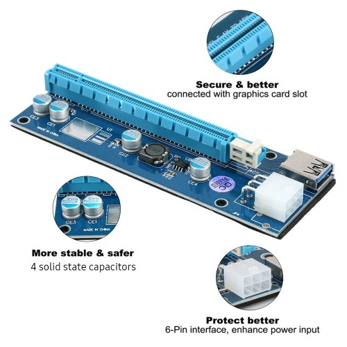 Carte adaptateur PCI-E 1X vers PCI-E 16X Carte convertisseur PCI-E 6Pin avec câble de données USB3.0 Câble d'alimentation SATA pour l'exploitation minière Bitcoin