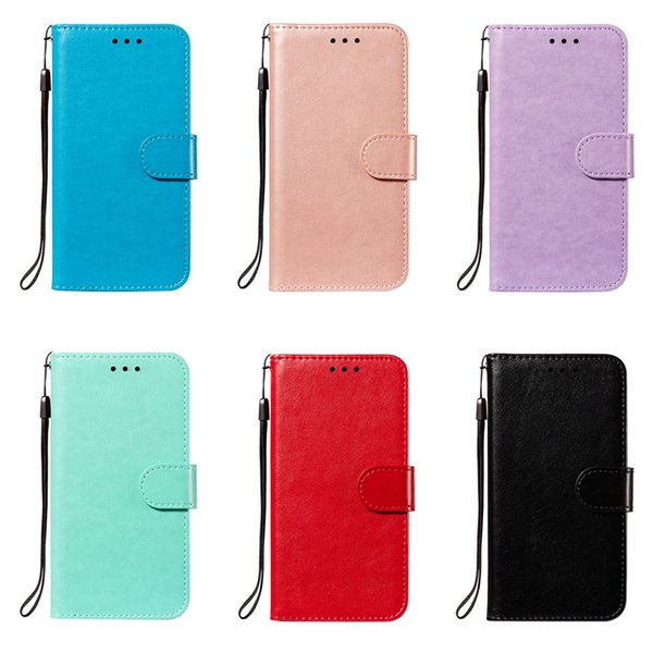 Plain PU Leather Wallet Cases For Samsung Galaxy A52 A72 5G S21 A42 5G A12 A32 A02S Phone Folio Case ID Card Pocket Stand Flip Cover Lanyard
