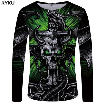 KYKU Brand Skull T shirt Men Long sleeve shirt Green Funny T shirts Bull Head Rock Dragon Streetwear Anime Japan Mens Clothing