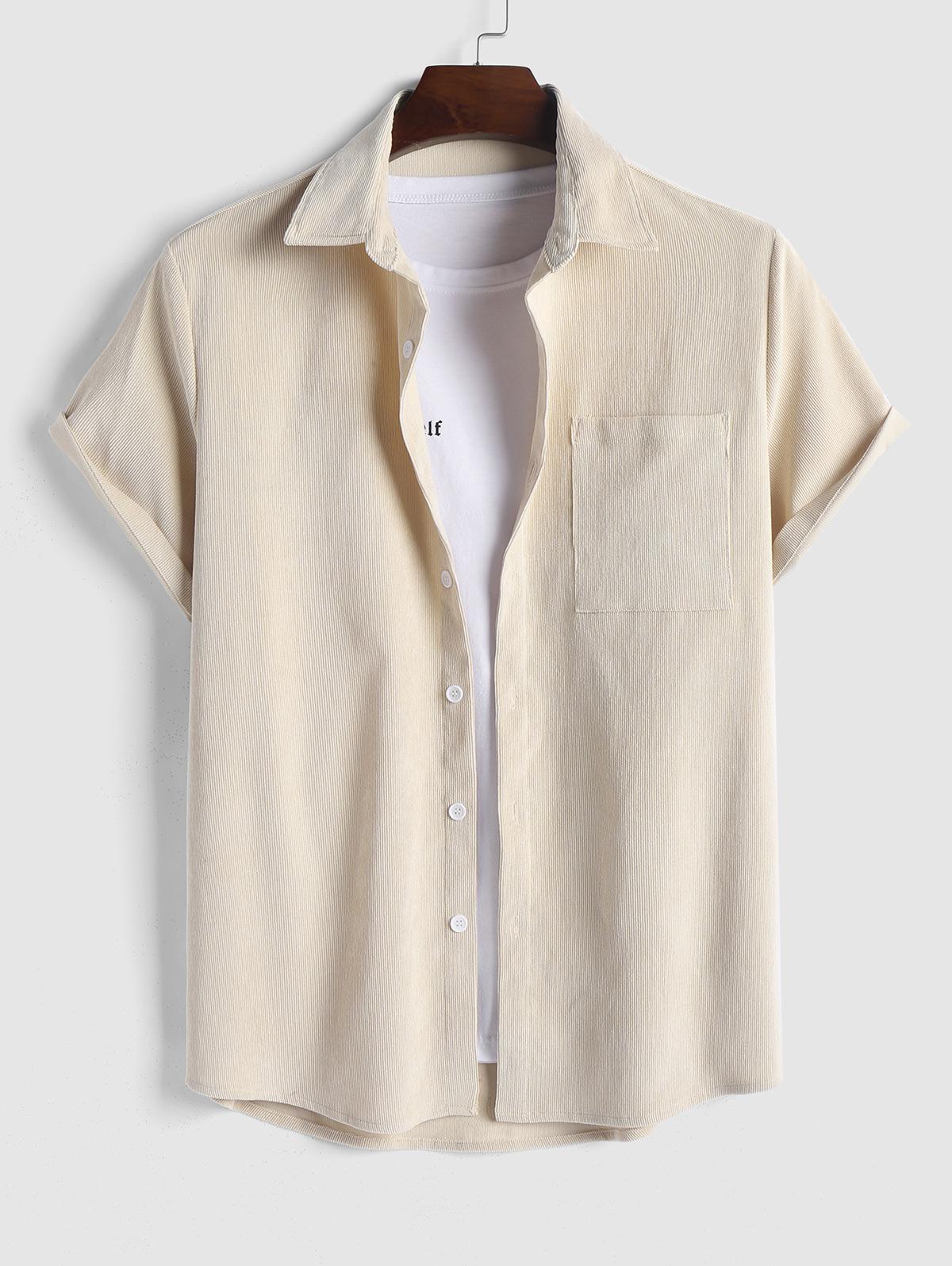 ZAFUL Men's ZAFUL Front Pocket Design Solid Color Corduroy Short Sleeves Shirt S Light coffee