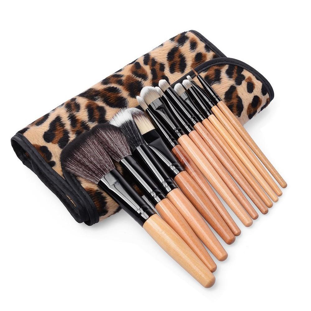 12Pcs/set Professional Bamboo Handle Makeup Brushes Kabuki Powder Foundation Eyeshadow Lip blusher Cosmetic Makeup Tools with Leopard Case