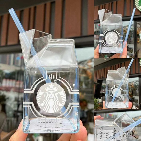 Starbucks cup environmental protection season 480ml gradient blue milk box shape cold extraction glass straw coffee cup