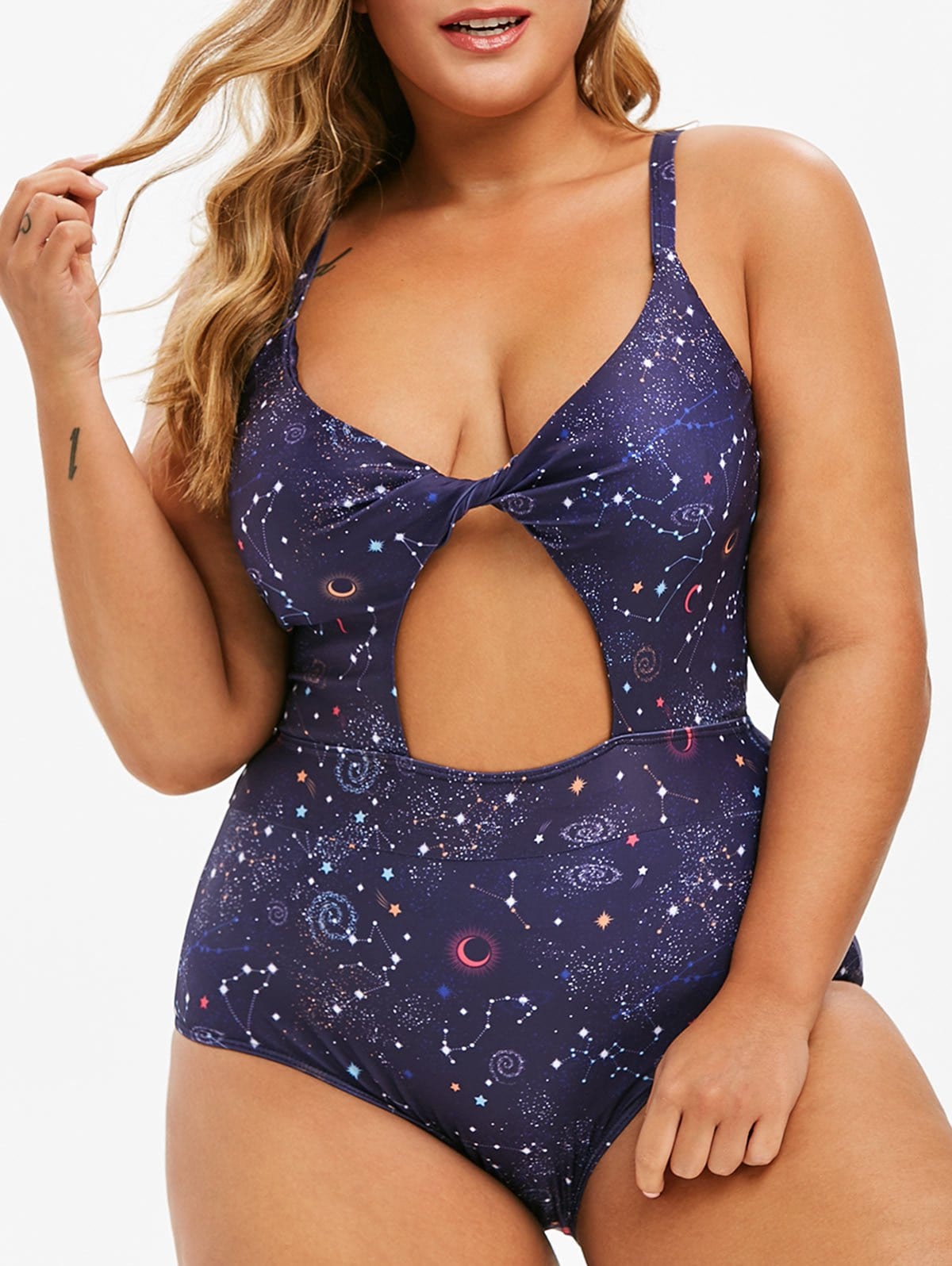 Plus Size Twist Cut Out Starry Sky Print One-piece Swimsuit