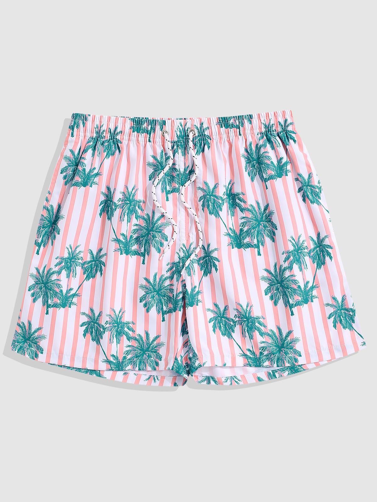 ZAFUL Men's Coconut Palm Tree Stripe Vacation Beach Shorts L Pink