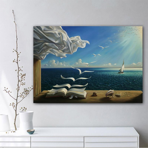 the waves book sailboat by salvador dali canvas painting landscape posters wall art for living room home decor (no frame)