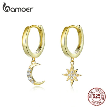 bamoer Genuine 925 Sterling Silver Moon and Star Dangle Earrings with Charm Clear CZ Gold Color Jewelry 2020 New Bijoux SCE785