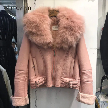 Real Fox Fur Collar Leather Jacket Women New Korean Style Natural Fur Coat Lady Short Imitation Lamb Fur Liner Coat Pu Leather