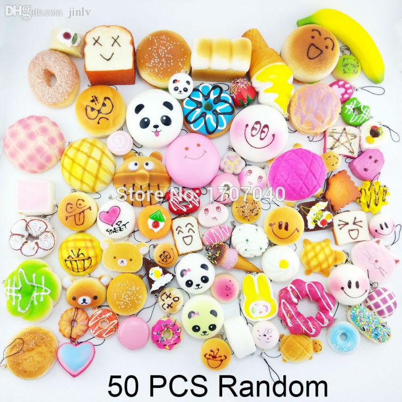 Wholesale-50PCS Random Squishy Donuts/Panda Bread/Toast/Buns/Expression Phone Straps 10+15+25 Mixed