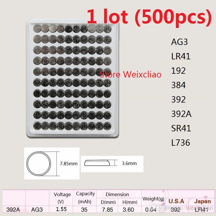 500pcs 1 lot AG3 LR41 192 384 392 392A SR41 L736 1.55V Alkaline Button Cell Battery coin batteries tray package Free Shipping