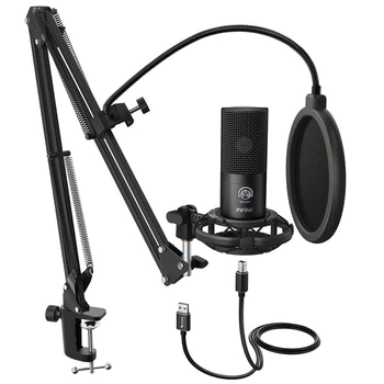 FIFINE Studio Condenser USB Computer Microphone Kit With Adjustable Scissor Arm Stand Shock Mount for Instruments Voice Overs