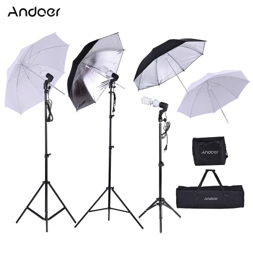 Andoer Photo Studio Kit 2 * 2m Light Stand + 3 * 45W Bulb + 2 * 83cm Translucent White Soft Umbrella +2 * 83cm Black&Silver Umbrella + 1 * 80cm Light Stand + 3 * Bulb Swivel Socket with 1 Bulb Storage Bag 1 Carrying Bag